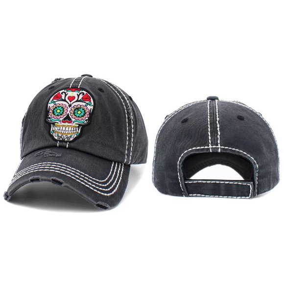 Day of the Dead Adjustable Distressed Denim Skeleton Baseball Cap - Picture 3 of 3